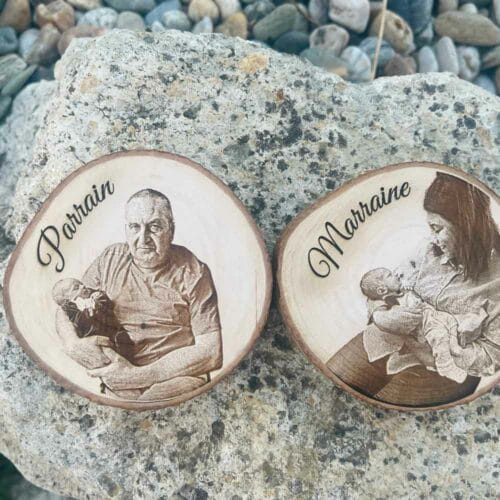 Bois gravé avec photo pour baptême